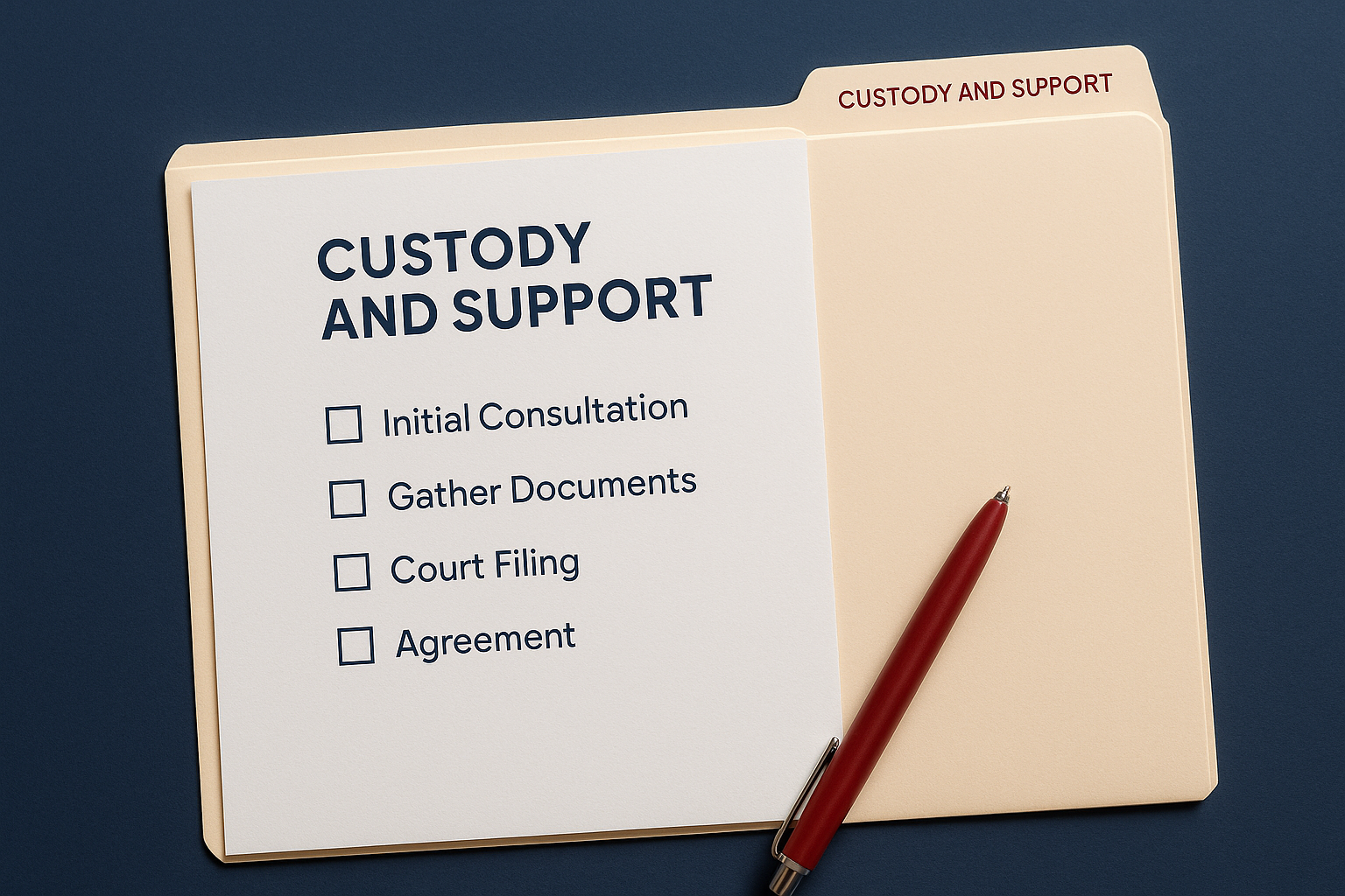 Attorney pointing to a checklist that outlines the custody and support process