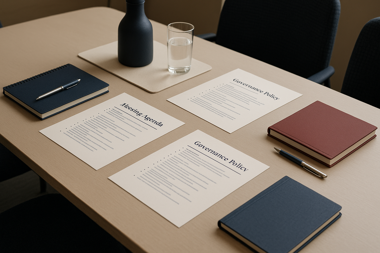 Board of directors in a meeting reviewing agenda and governance policies