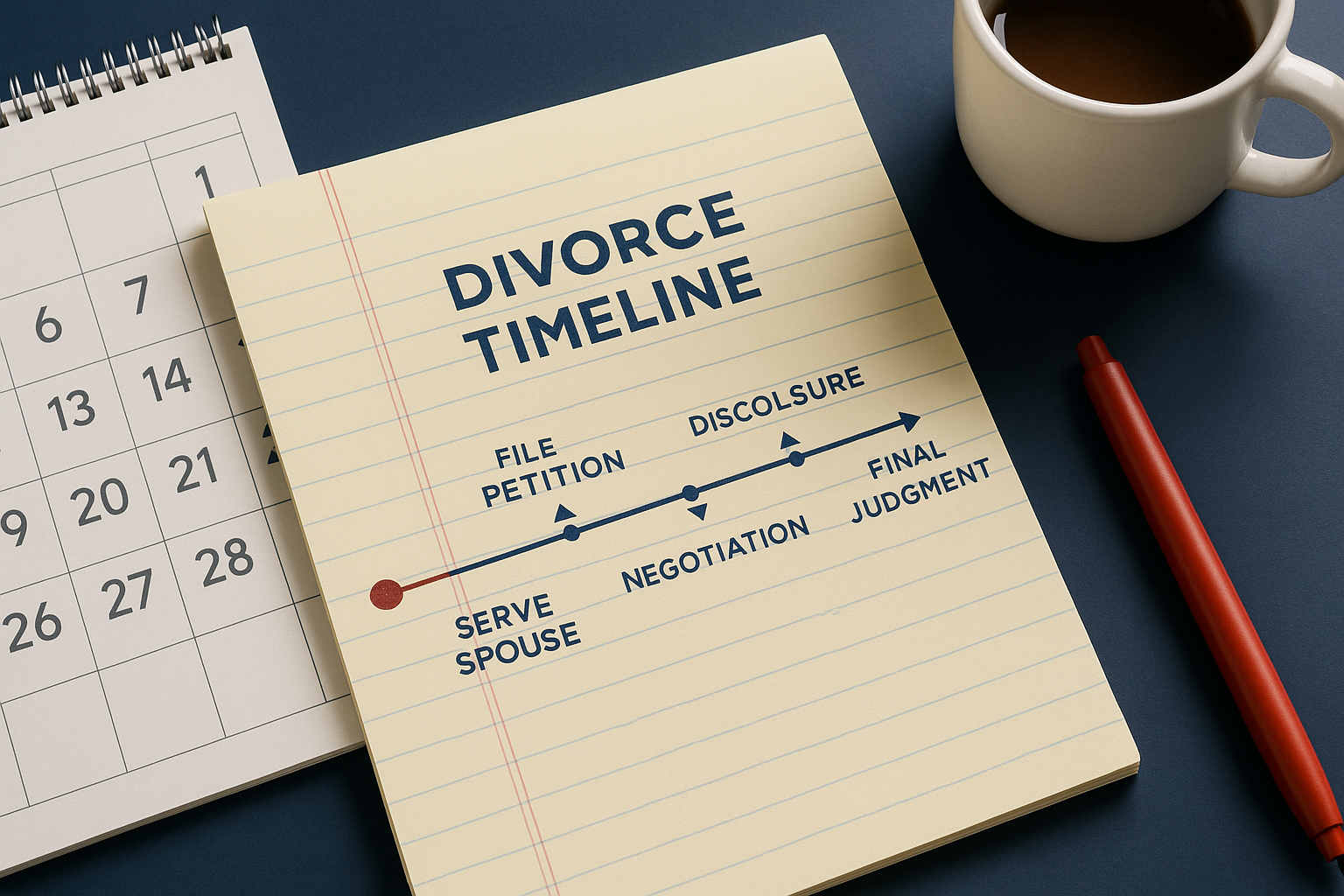 Step-by-step divorce process timeline sketched on a legal pad next to a coffee and calendar