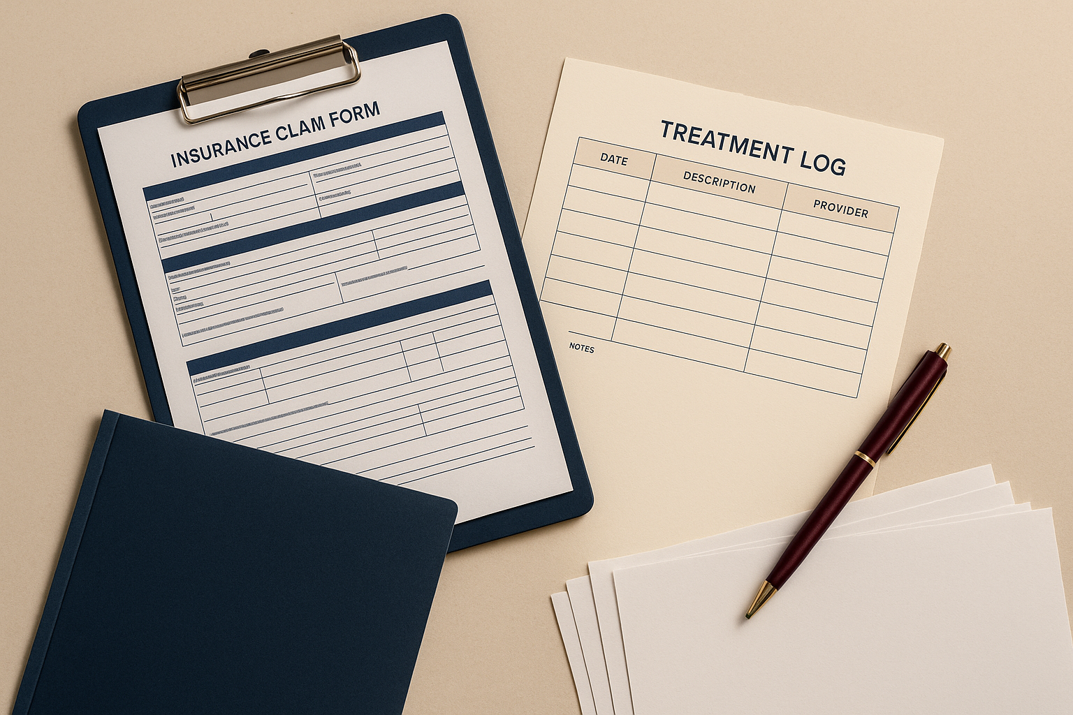 Close-up of hands filling out an insurance claim and treatment log after a car crash