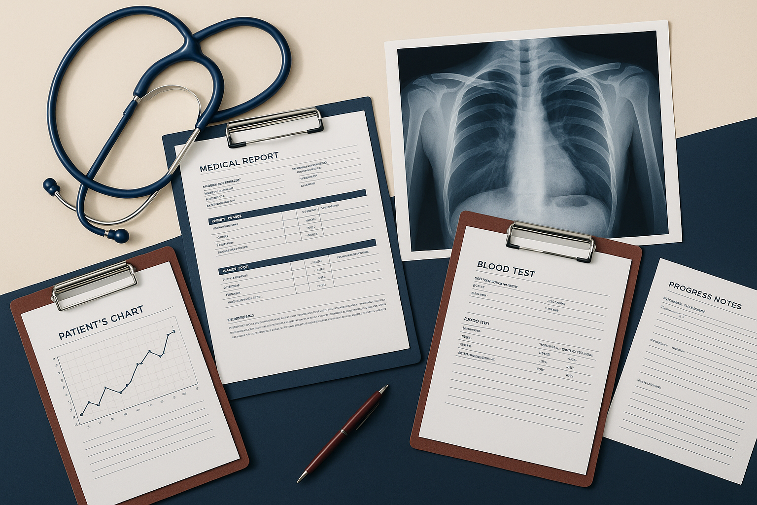 Attorney reviewing a patient's medical records with charts and imaging reports