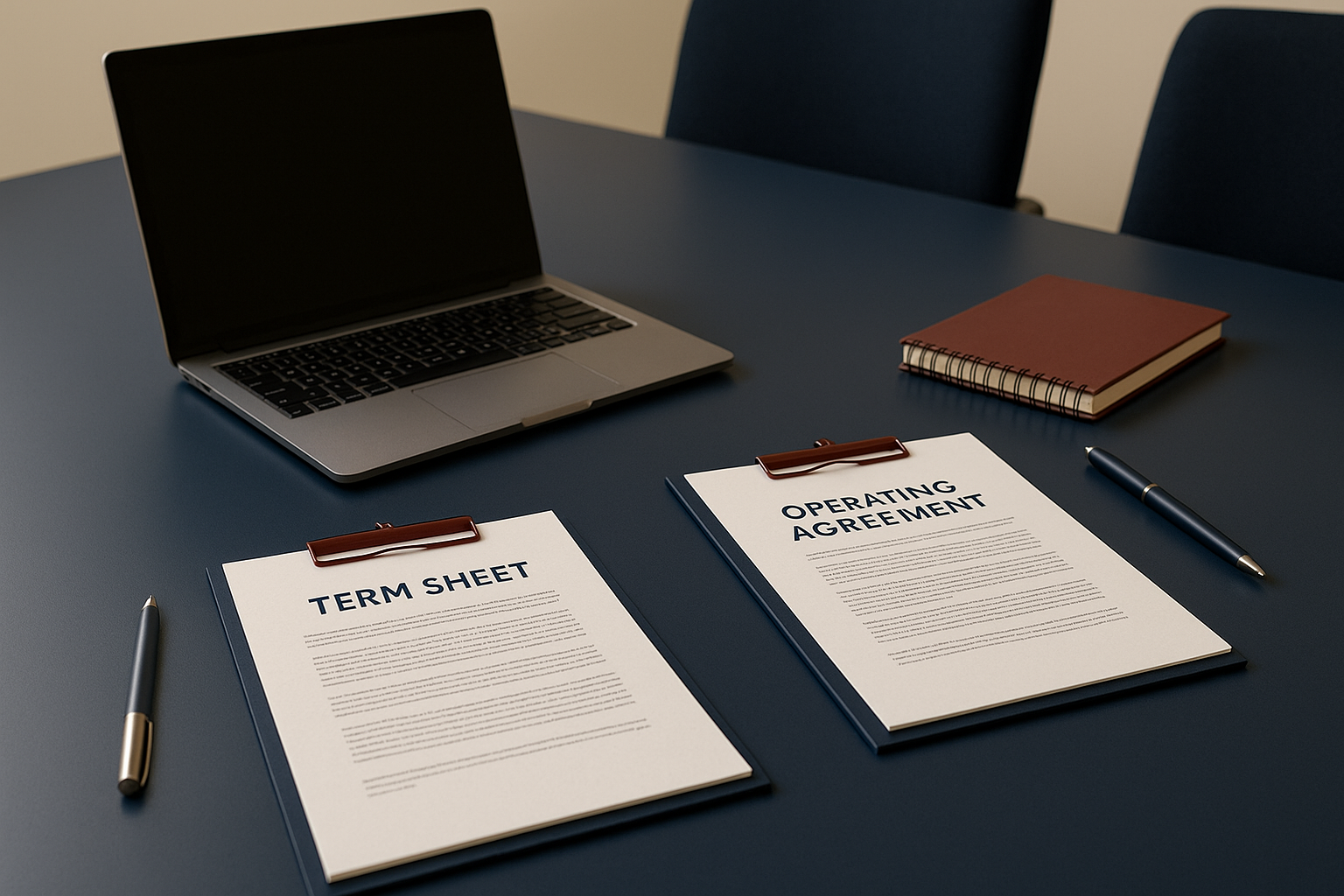 Attorney reviewing a term sheet and operating agreement with founders at a conference table