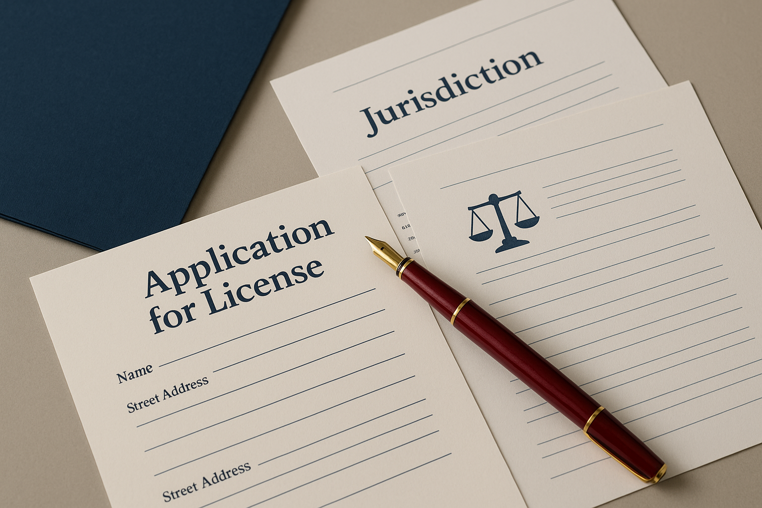 Attorney reviewing licensing and jurisdictional requirements on a document