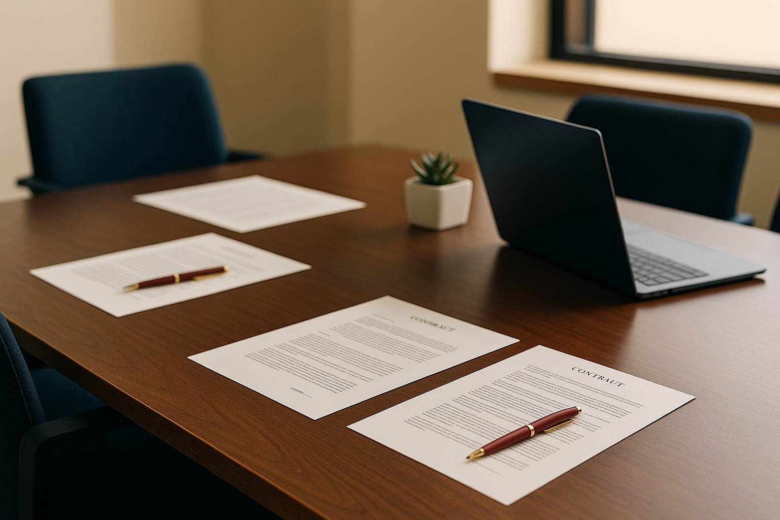 Attorney strategizing with executives over a contract dispute in a conference room