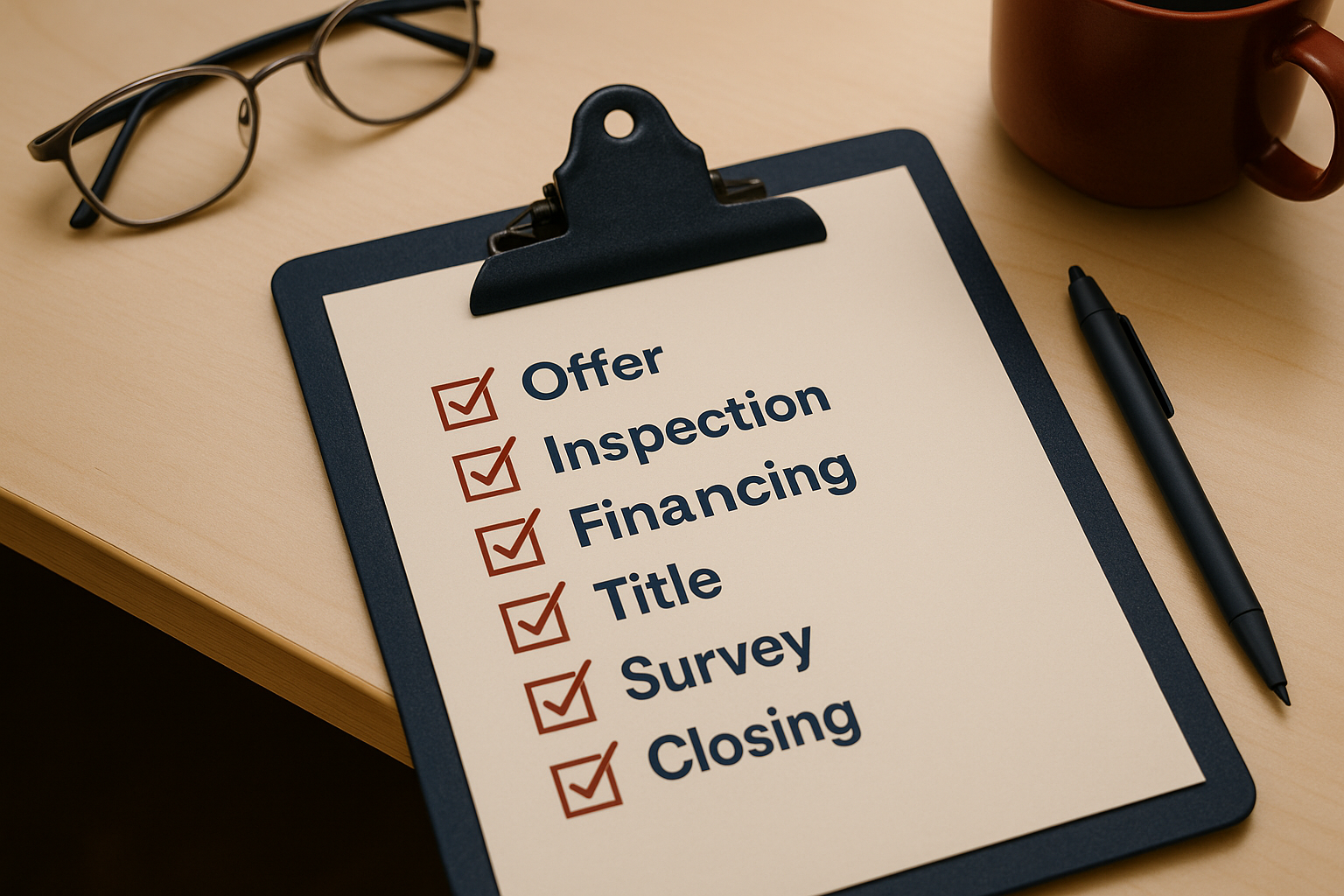 Checklist for offer, inspection, financing, title, survey, and closing steps on a desk