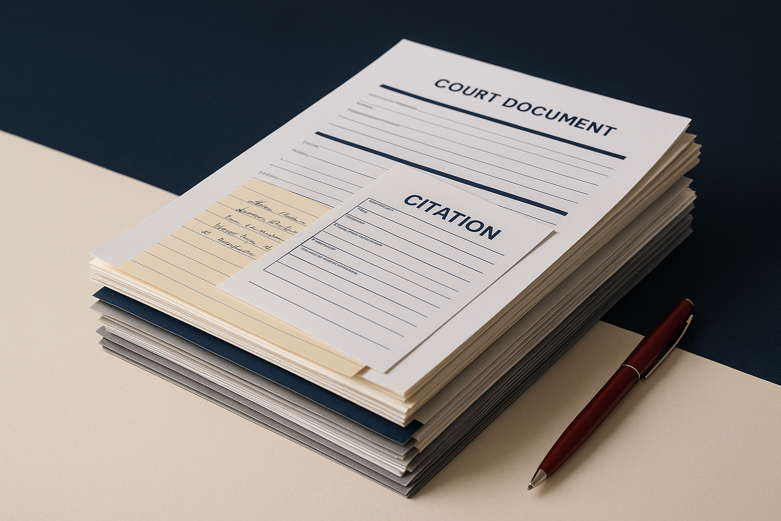 Neatly organized stack of court documents, citation, and notes ready for a criminal defense consultation