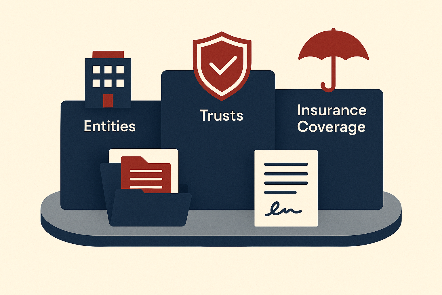 Attorney reviewing an asset-protection diagram showing entities, trusts, and insurance layers