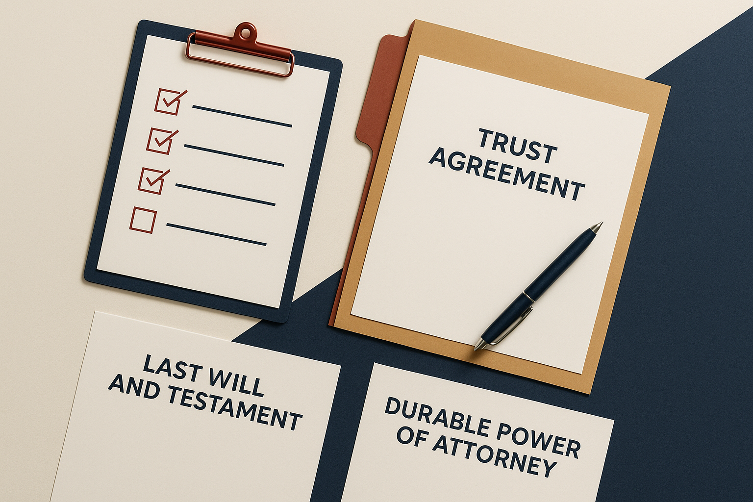 Checklist and folder with estate planning documents ready for signing