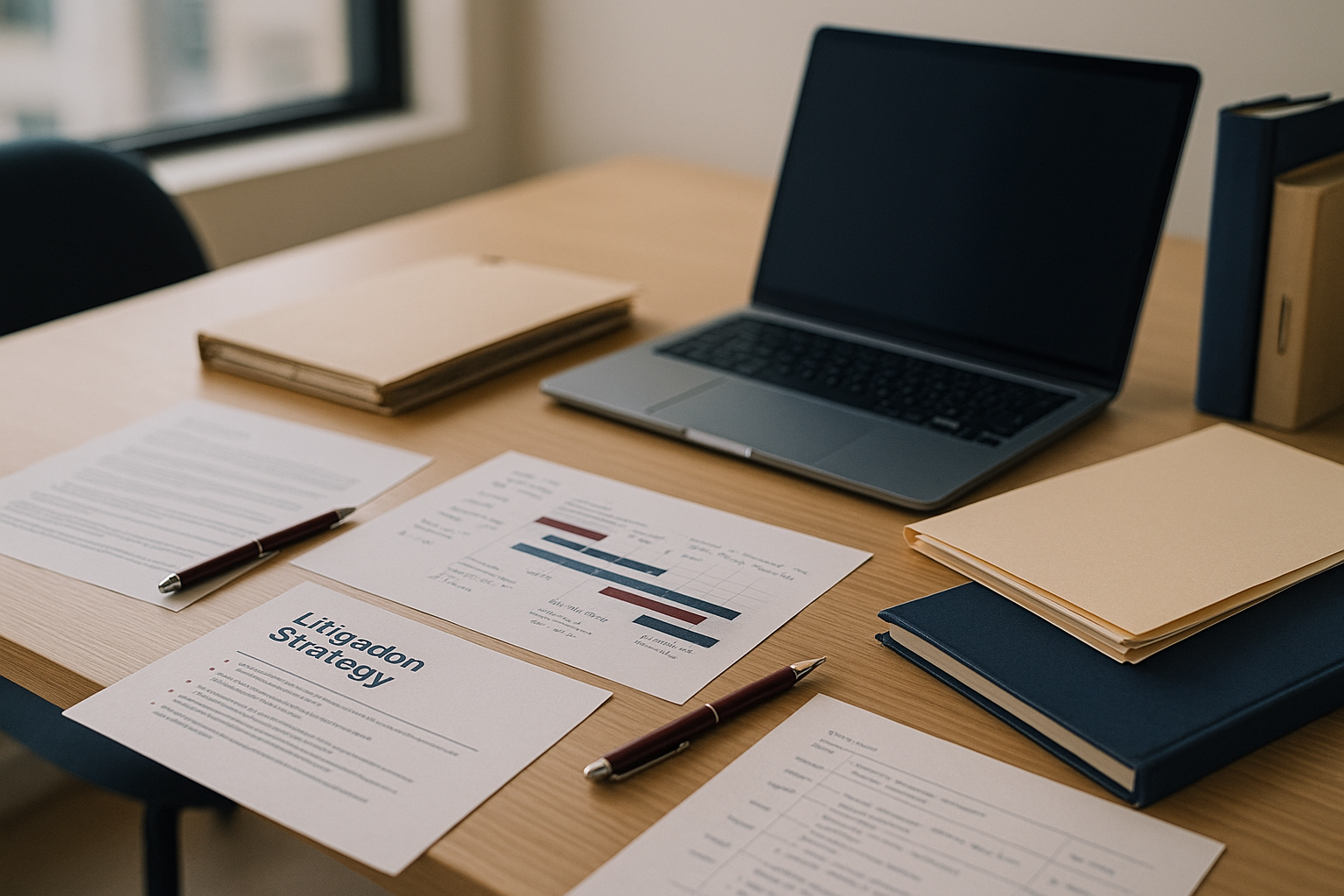 Attorney and client reviewing a litigation strategy and filings timeline in a modern office