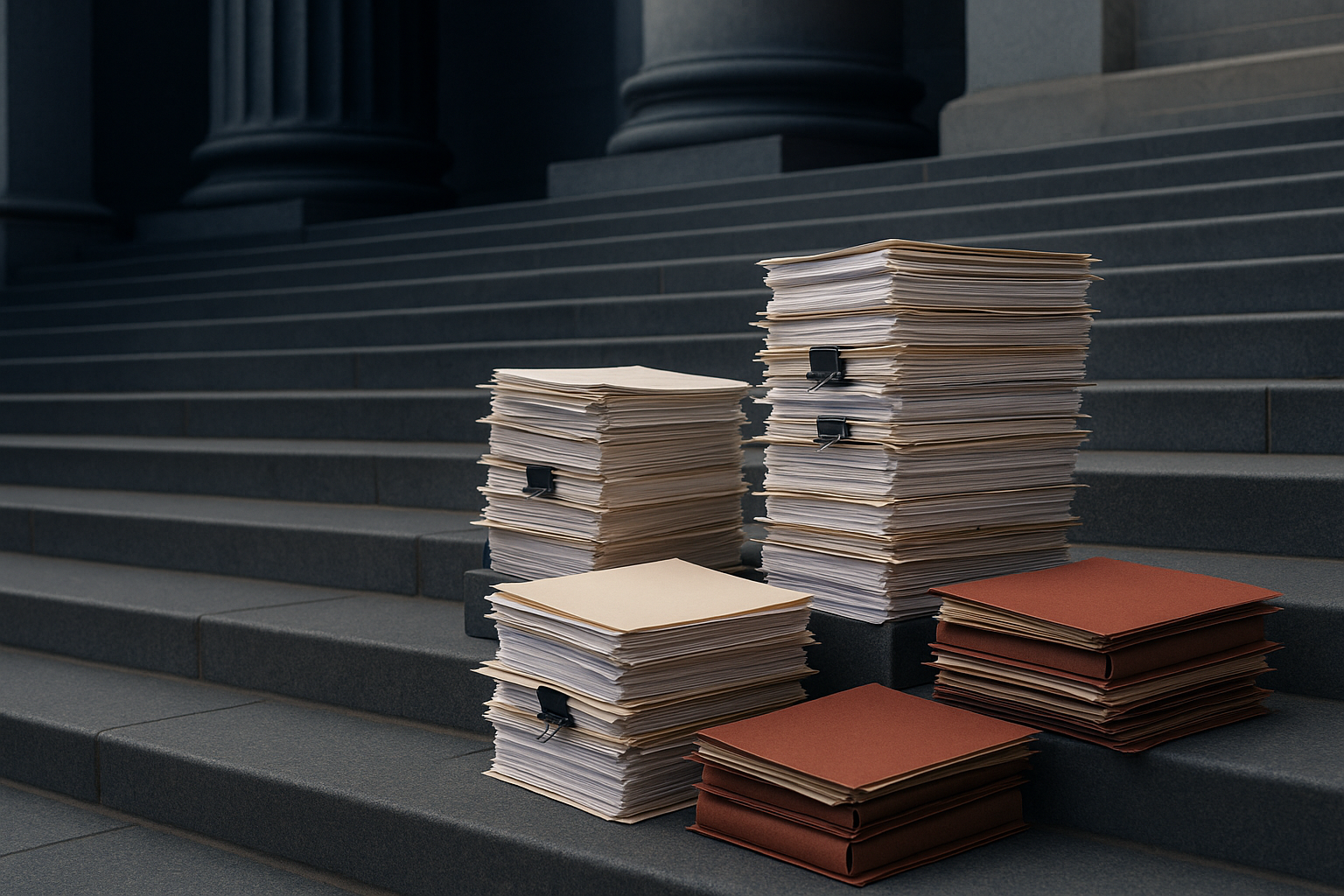 Courtroom steps and filings representing pleadings through trial