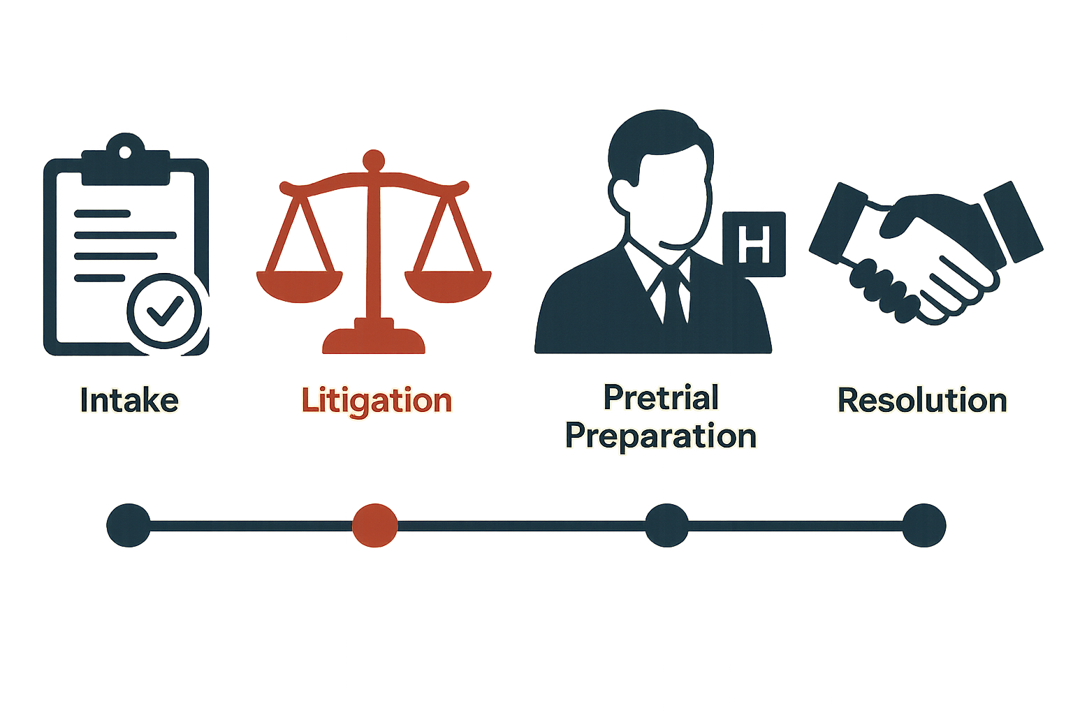 Timeline steps for a medical malpractice case from intake to resolution