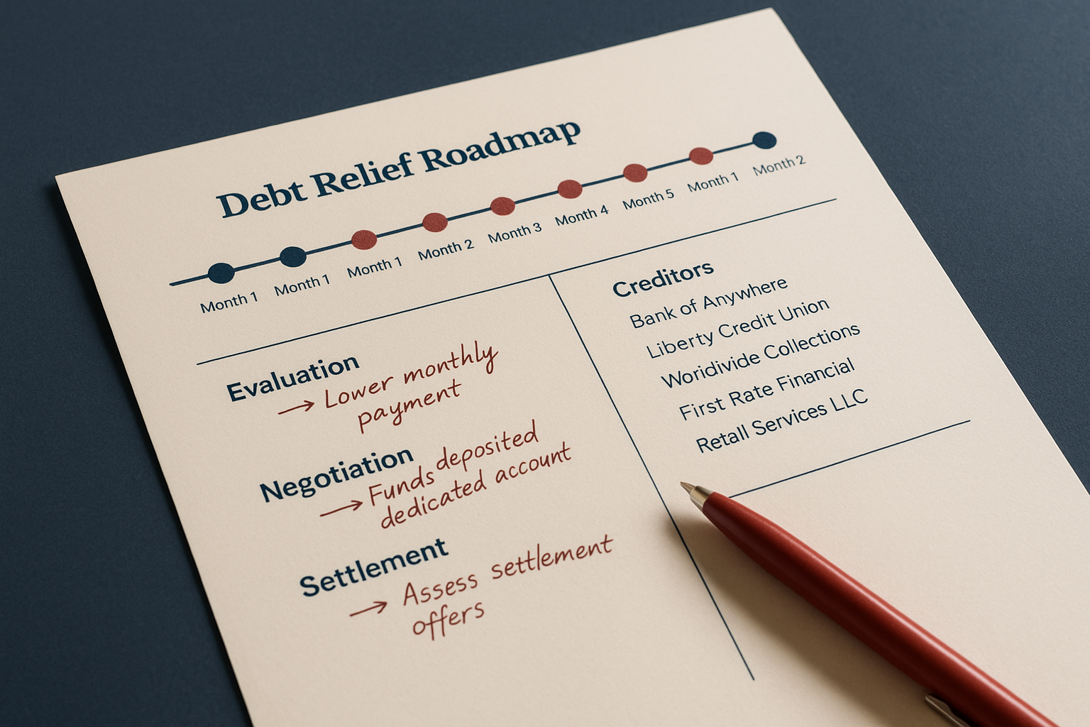 Attorney outlining a debt relief roadmap on paper with timelines and creditor list
