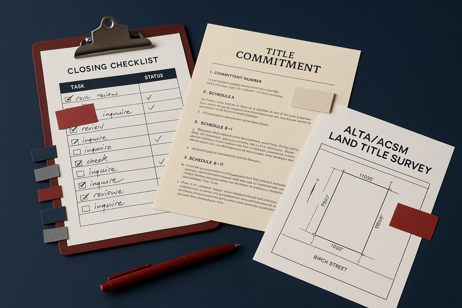 Closing checklist, title commitment, and ALTA survey marked up for review