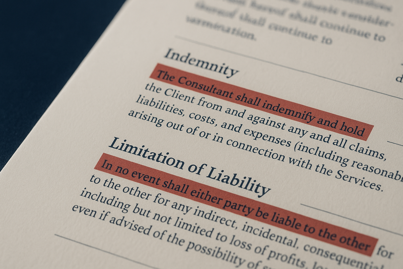 Close-up of annotated contract terms with highlighted indemnity and limitation of liability clauses
