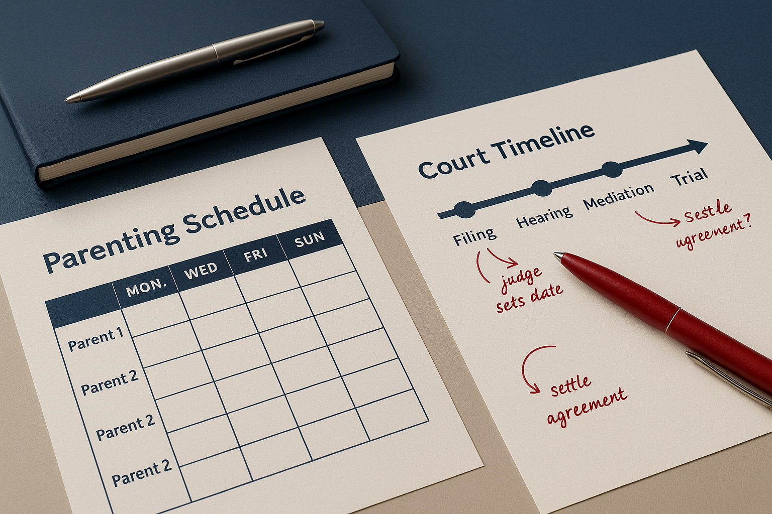 Calm discussion with counsel reviewing parenting schedules, disclosures, and court timeline