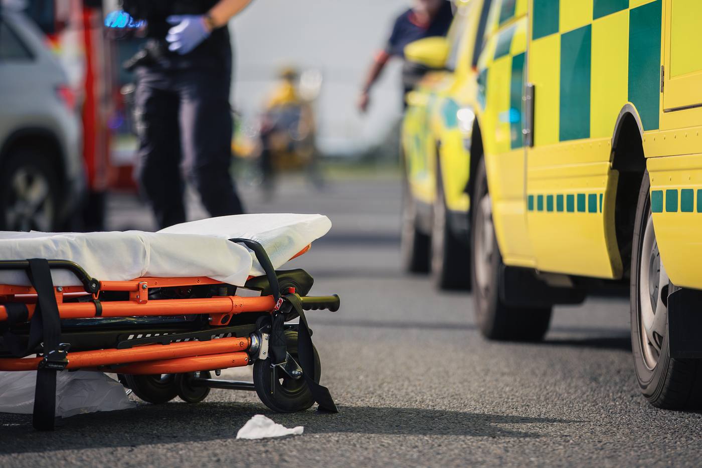 Emergency medical stretcher at a serious crash scene